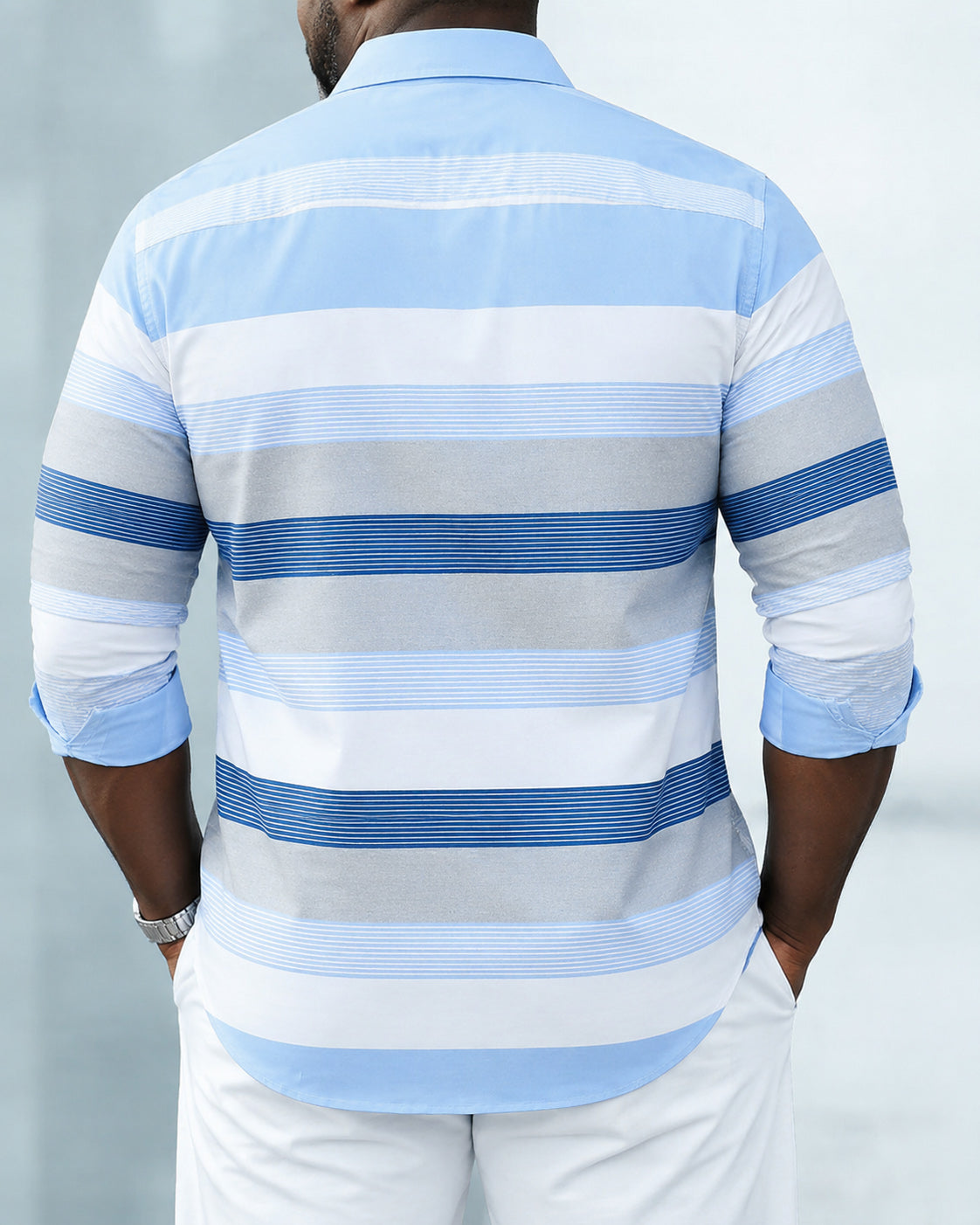 Big & Tall Men's Casual Color Block Stripe Print Long Sleeve Shirt