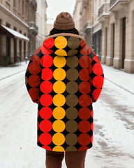 Women's Red Yellow Green Black Contrast Wave Dot Print Velvet Thickened Long Hooded Coat
