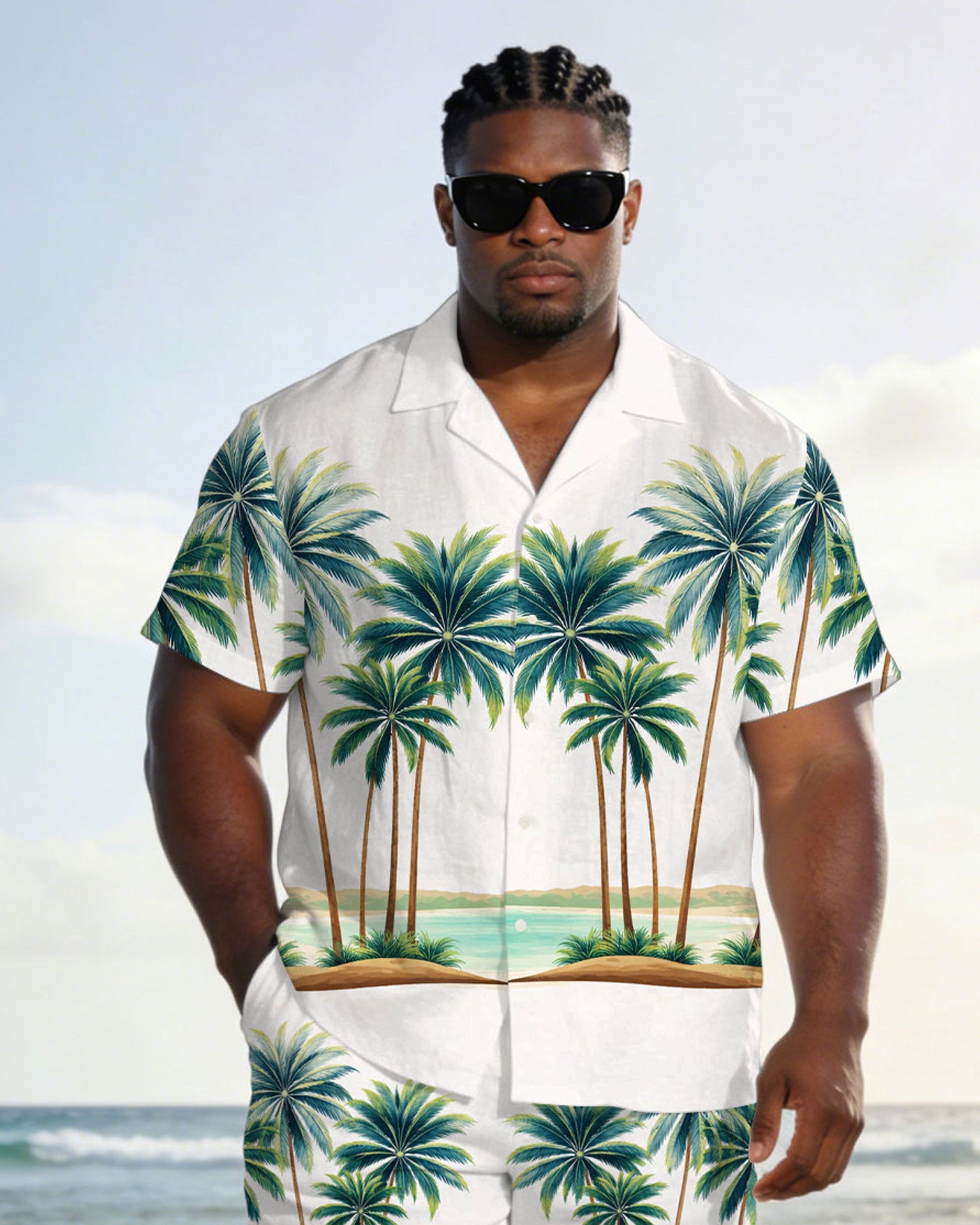 Men's Plus Size White Hawaiian Coconut Tree Positioning Print Short Sleeve Shorts Set