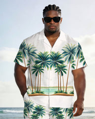 Men's Plus Size White Hawaiian Coconut Tree Positioning Print Short Sleeve Shorts Set