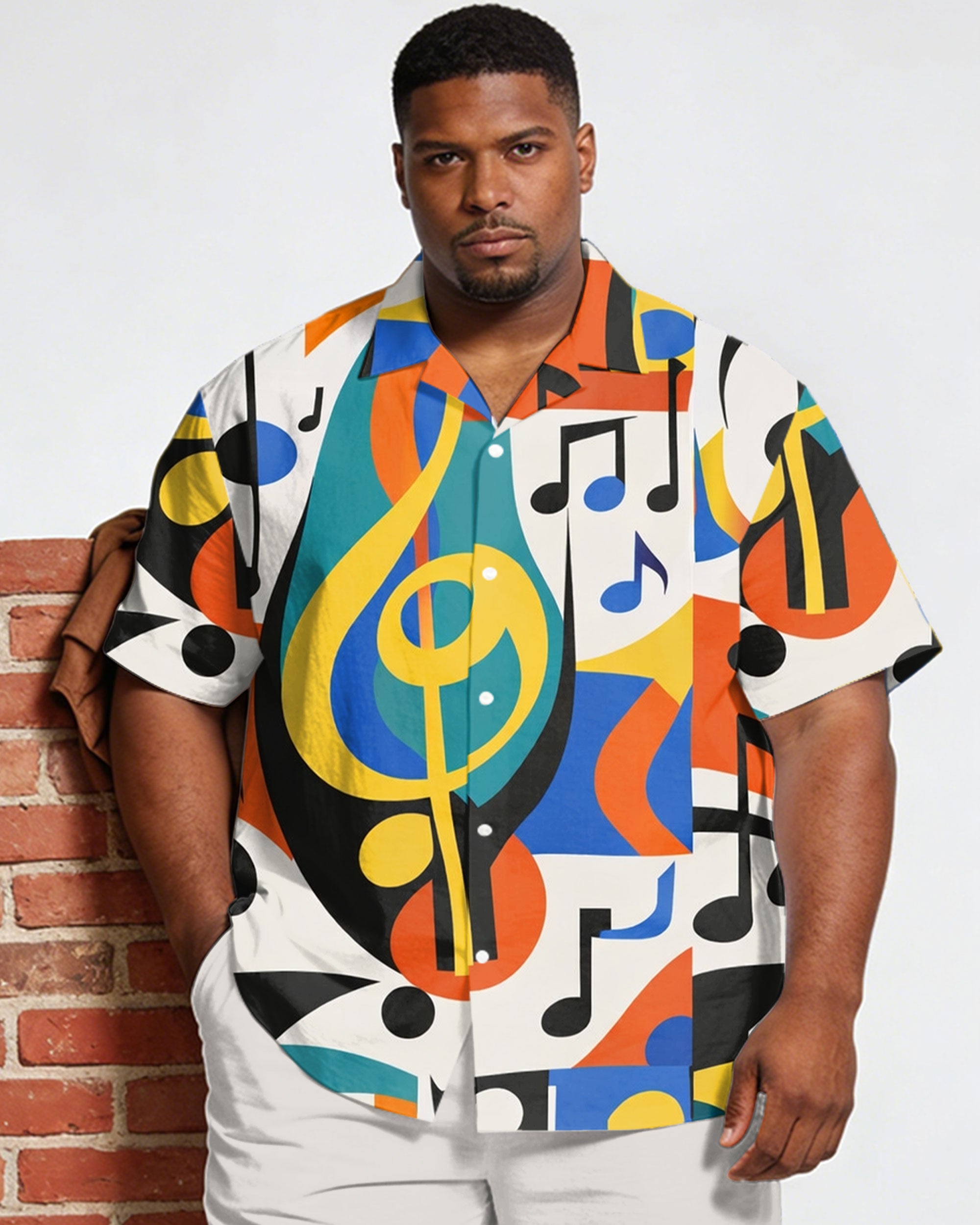 Big & Tall Men's Colorful Music Festival Printed Short Sleeve Shirt Shorts Set