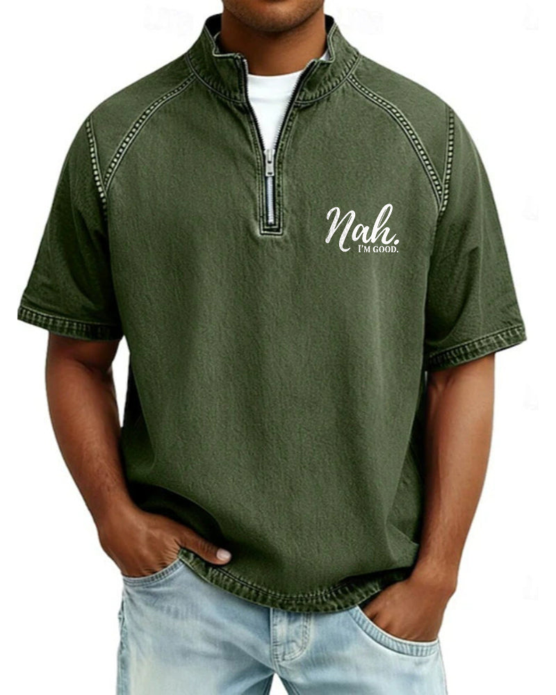 S-4XL Nah. I 'M GOOD Letter Print Wash Half Zip Short Sleeve POLO Shirt