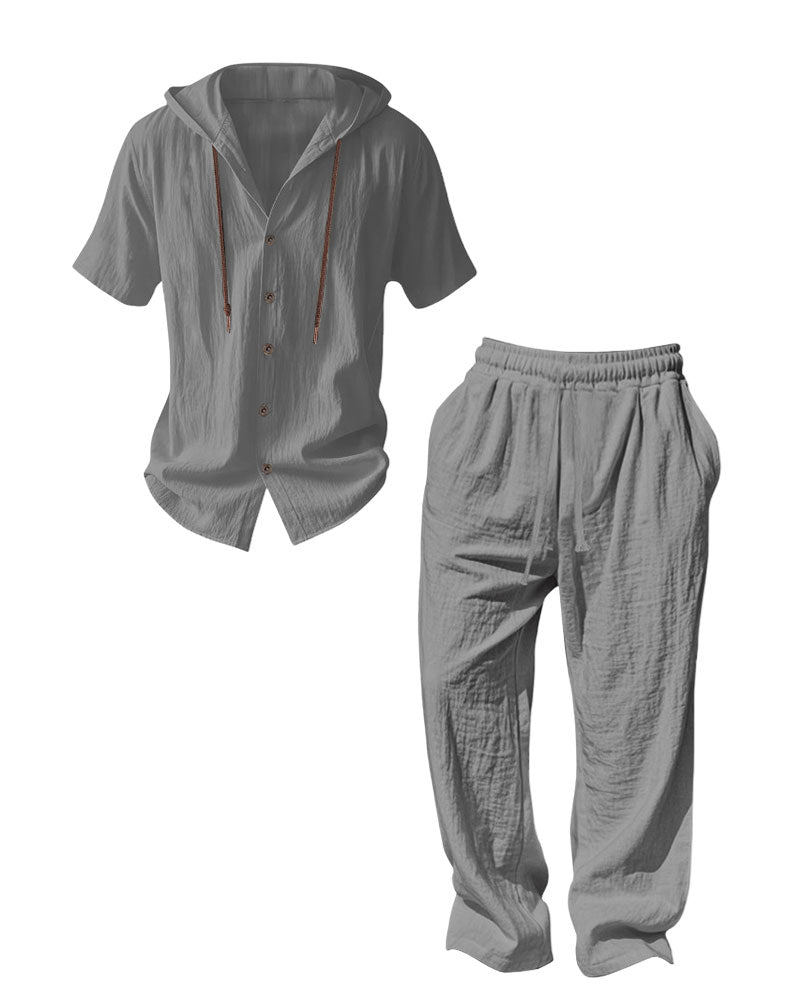 S-3XL Hooded Cotton Linen Long Sleeve Shirt Trousers Set