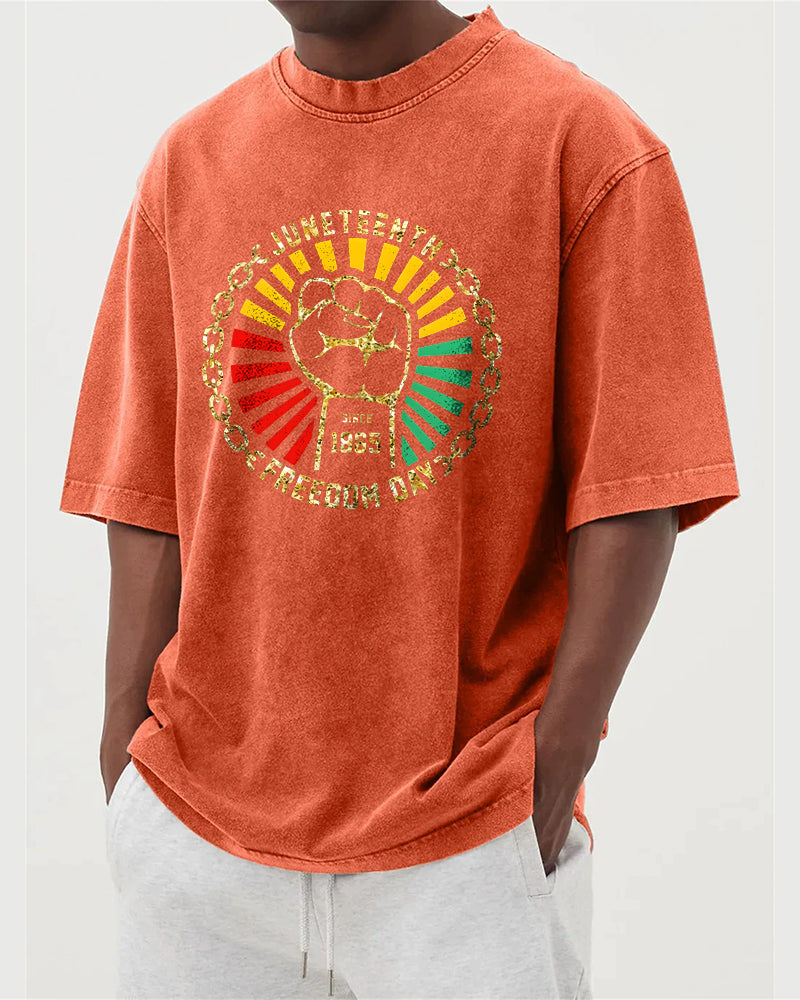 S-5XL Juneteenth Freedom Day 1865 Fist And Chains Printed Washed-Denim Look T-Shirt