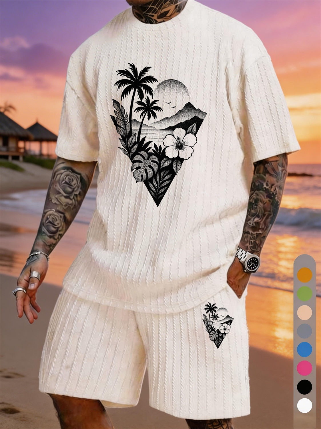 Island Triangle Coconut Grove Tree Print Textured Fabric Plus-Size Resort Set