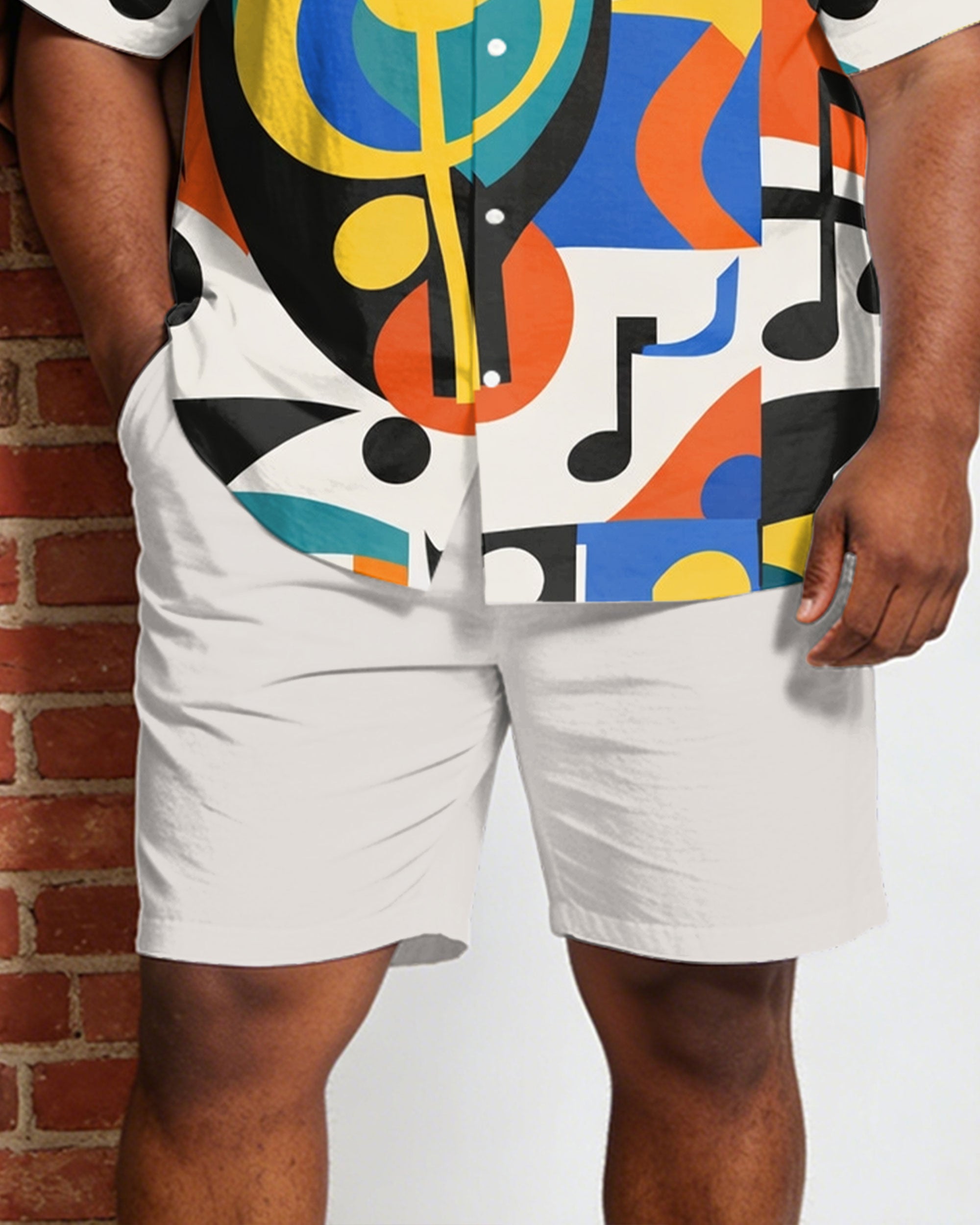 Big & Tall Men's Colorful Music Festival Printed Short Sleeve Shirt Shorts Set