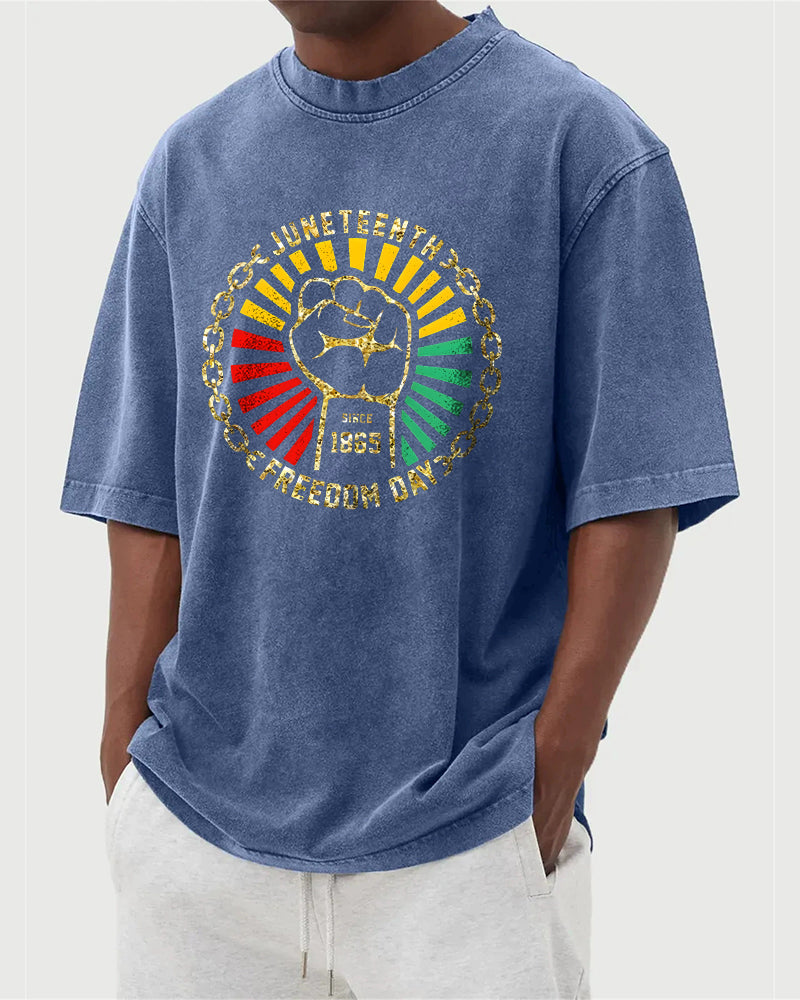 S-5XL Juneteenth Freedom Day 1865 Fist And Chains Printed Washed-Denim Look T-Shirt
