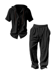 S-3XL Hooded Cotton Linen Long Sleeve Shirt Trousers Set