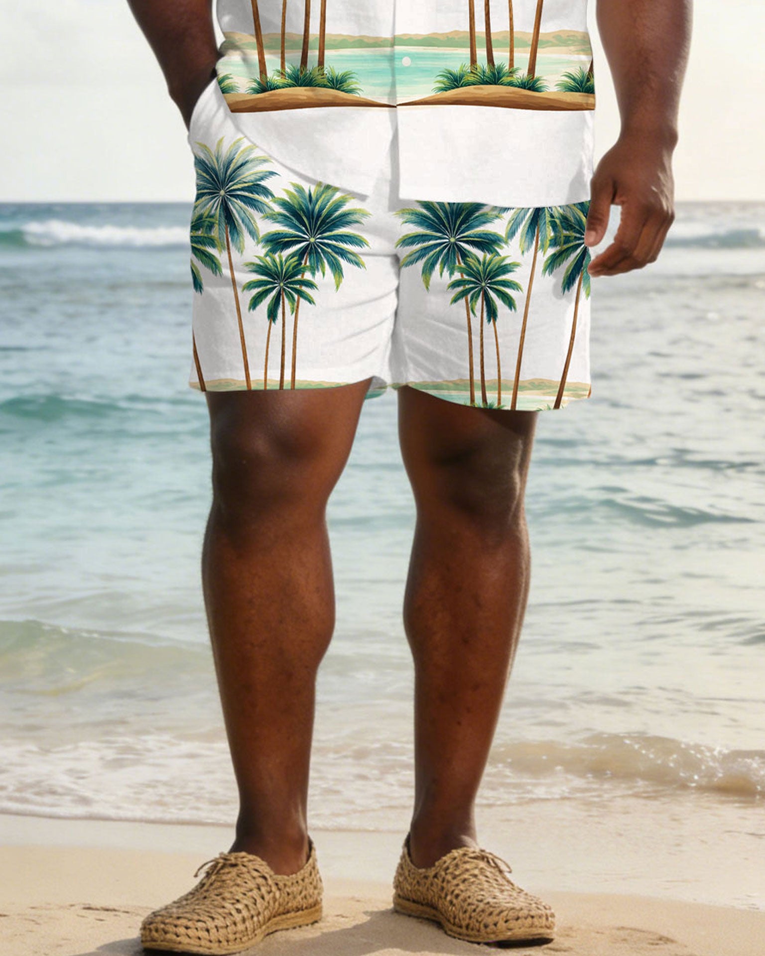 Men's Plus Size White Hawaiian Coconut Tree Positioning Print Short Sleeve Shorts Set