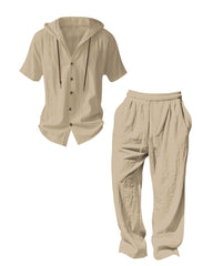 S-3XL Hooded Cotton Linen Long Sleeve Shirt Trousers Set
