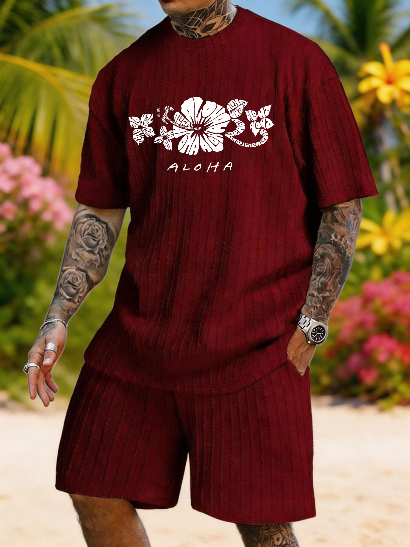 ALOHA Althea Flower Printed Texture Large Size Vacation Suit