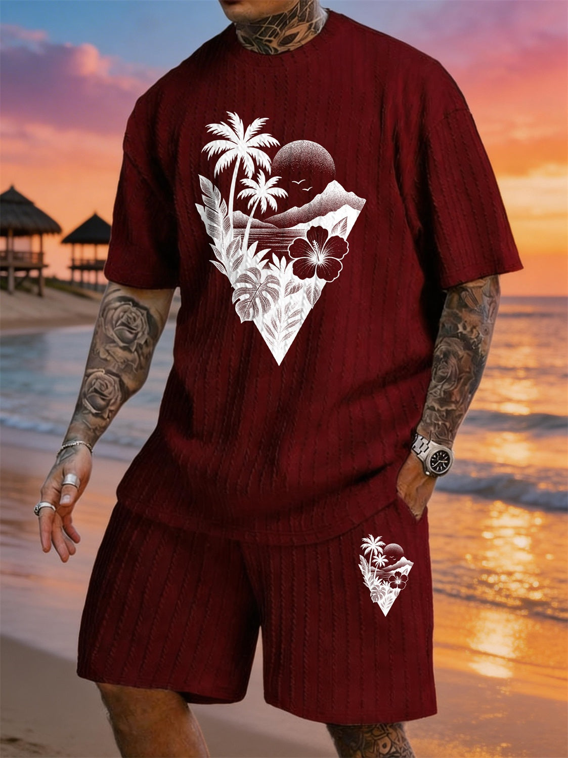 Island Triangle Coconut Grove Tree Print Textured Fabric Plus-Size Resort Set