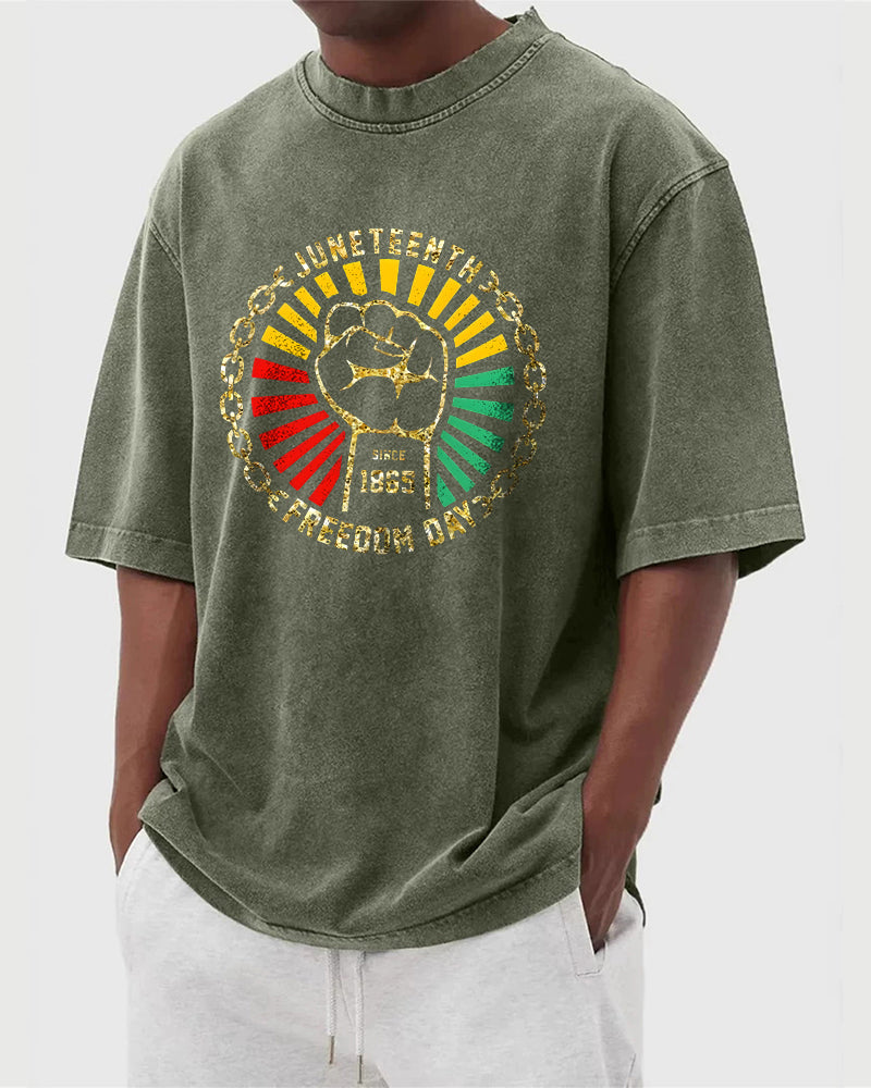 S-5XL Juneteenth Freedom Day 1865 Fist And Chains Printed Washed-Denim Look T-Shirt