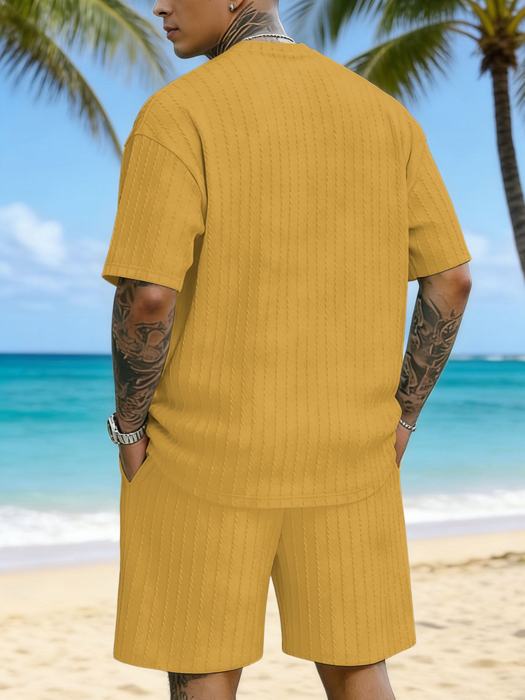 Coconut Tree Print Texture Three-dimensional Jacquard Large Size Casual Set On Chest