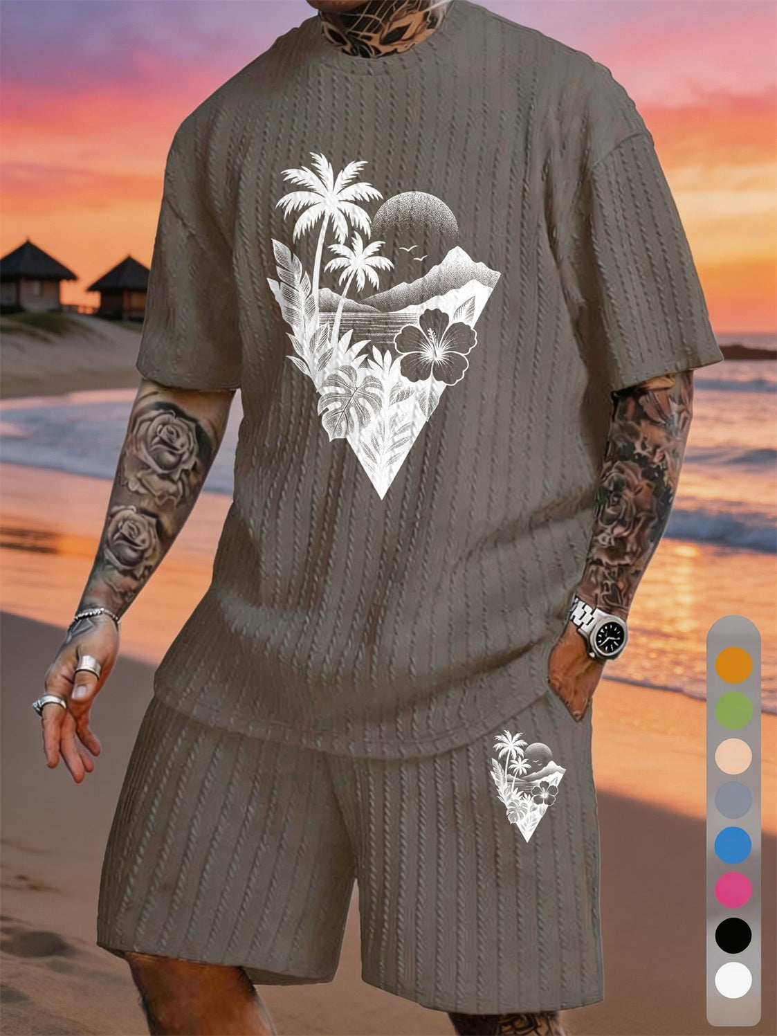 Island Triangle Coconut Grove Tree Print Textured Fabric Plus-Size Resort Set