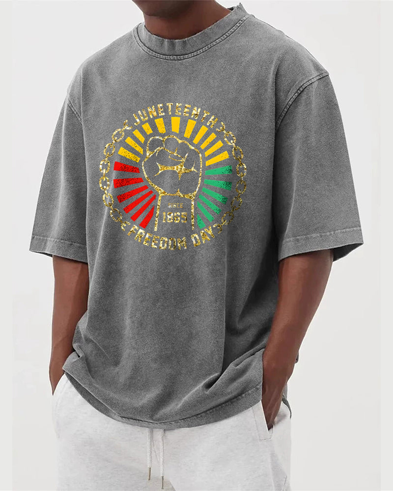 S-5XL Juneteenth Freedom Day 1865 Fist And Chains Printed Washed-Denim Look T-Shirt