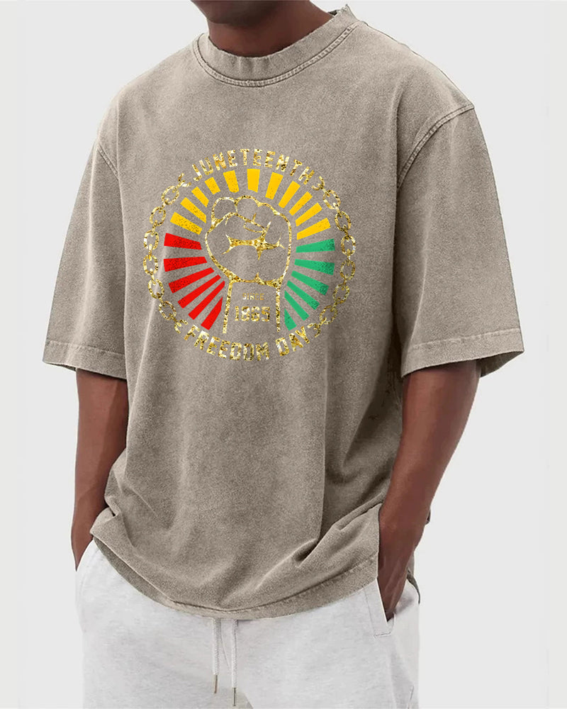 S-5XL Juneteenth Freedom Day 1865 Fist And Chains Printed Washed-Denim Look T-Shirt