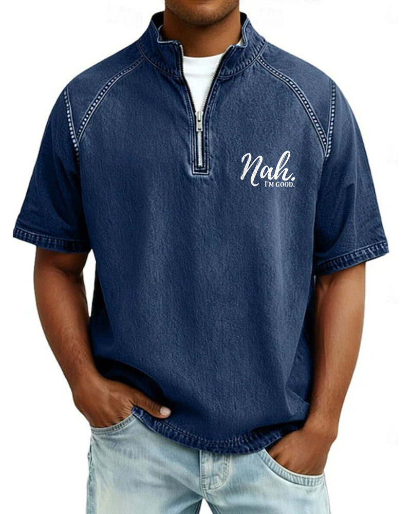 S-4XL Nah. I 'M GOOD Letter Print Wash Half Zip Short Sleeve POLO Shirt