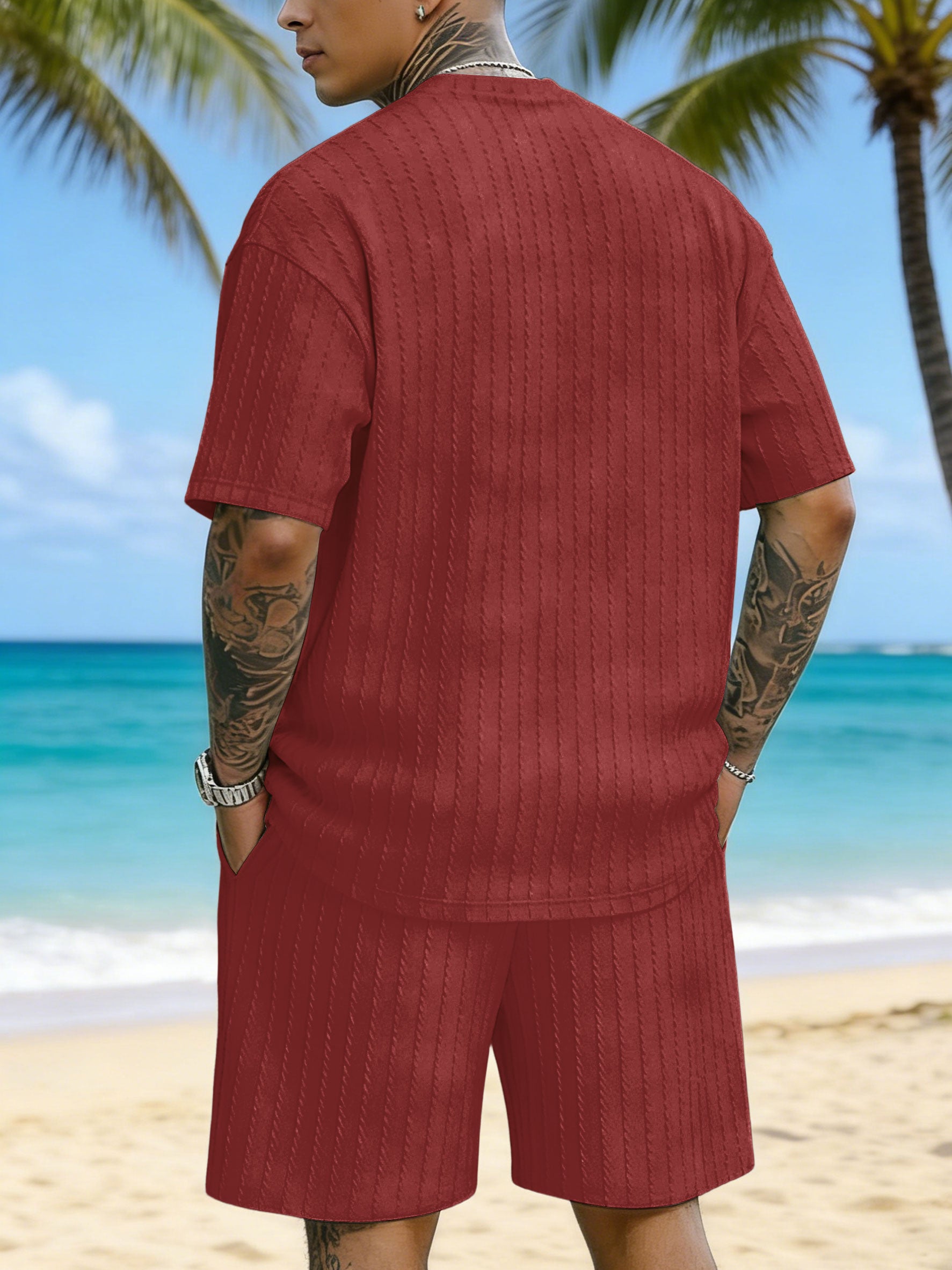 Large Size Jacquard Casual Set With Printed Chest Texture