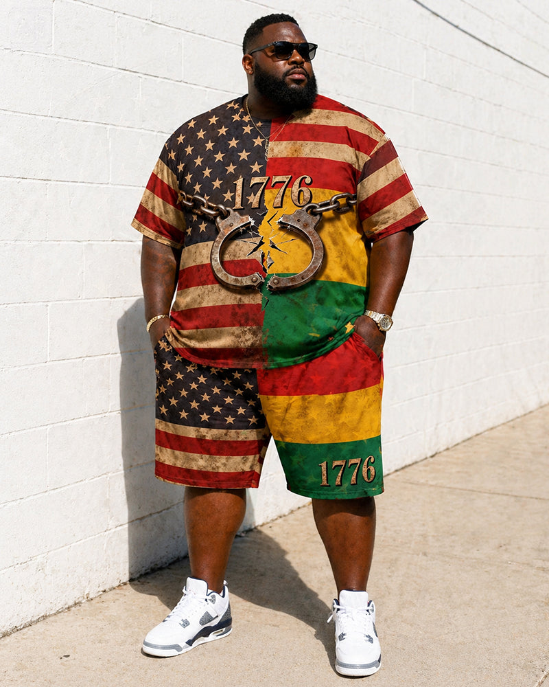 Big & Tall Men's 1776 Broken Handcuffs Reggae Color Matching US Flag Printed Crewneck Short Sleeve T-Shirt Shorts Set