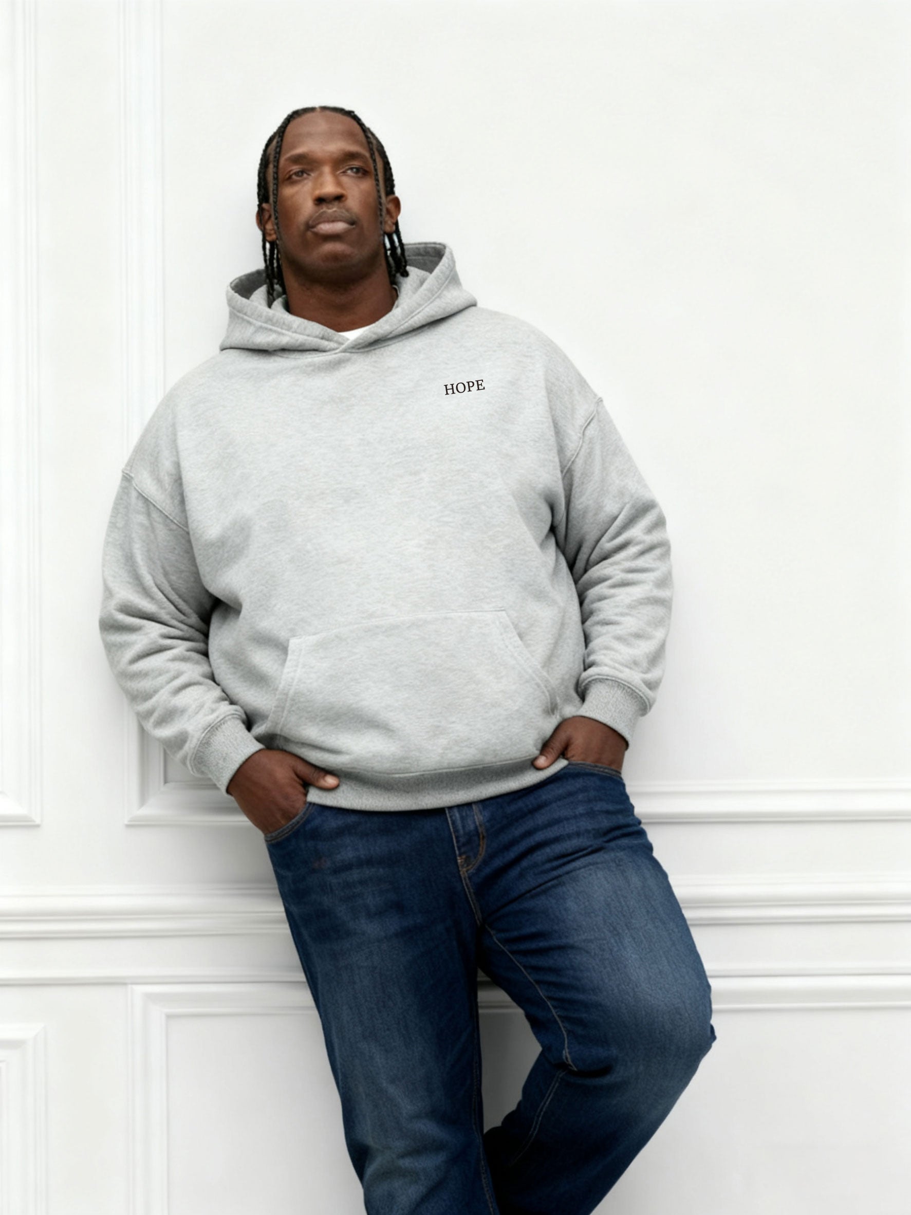 Large Size Men's Autumn And Winter Warm Cotton Hoodie-gray Chest Handmade Three-dimensional Printing "hope" Slogan