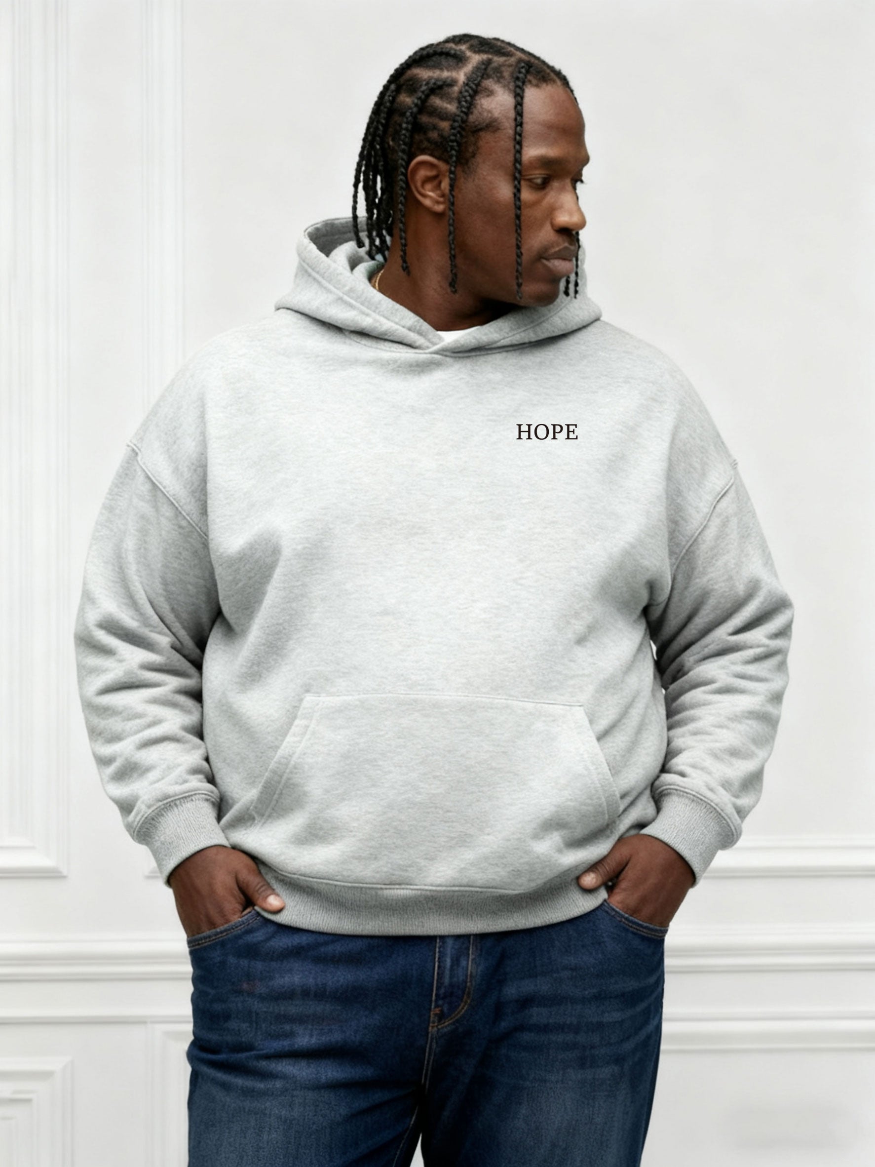 Large Size Men's Autumn And Winter Warm Cotton Hoodie-gray Chest Handmade Three-dimensional Printing "hope" Slogan