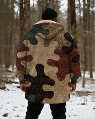 Big & Tall Men's Hunting Style Vintage Puzzle Camouflage Printed Velvet Thickened Long Hooded Coat
