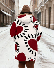 Women's Red And White Contrast Loving Heart Printed Velvet Thickened Long Hooded Coat