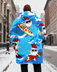 Big & Tall Men's Blue Santa Claus Surf Print Velvet Thickened Long Hooded Coat