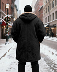 Big & Tall Men's Black And Red Crown Lion "KING" Printed Velvet Thickened Long Hooded Coat