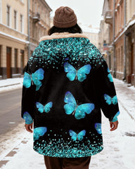 Women's Black Blue And Green Butterfly Sequins Printed Velvet Thickened Long Hooded Coat