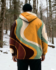 Big & Tall Men's Yellow Brown Green Contrast Curved Printed Velvet Thickened Zipper Hoodie