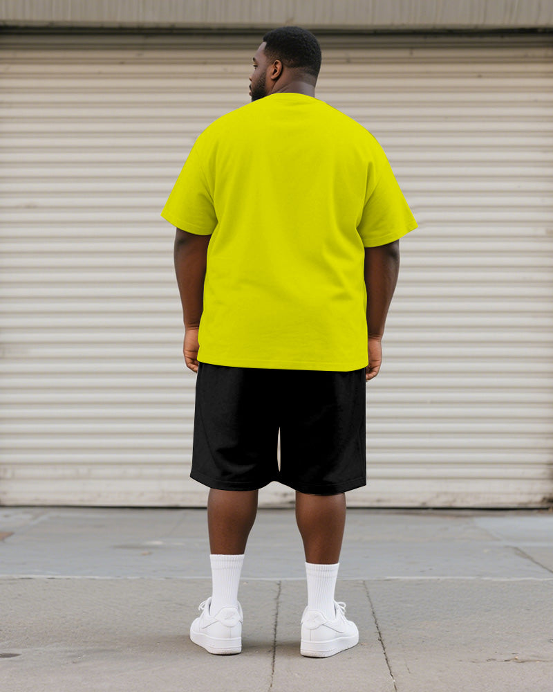 Big & Tall Men's Fluorescent Yellow Line Curved Dragon Printed Round Neck Short Sleeve T-shirt Shorts Suit