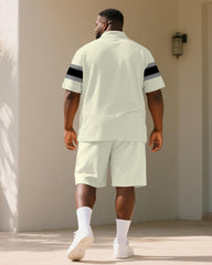 Big & Tall Men's Business Apricot Geometric Stripe Print Short Sleeve Polo Shirt Shorts Suit