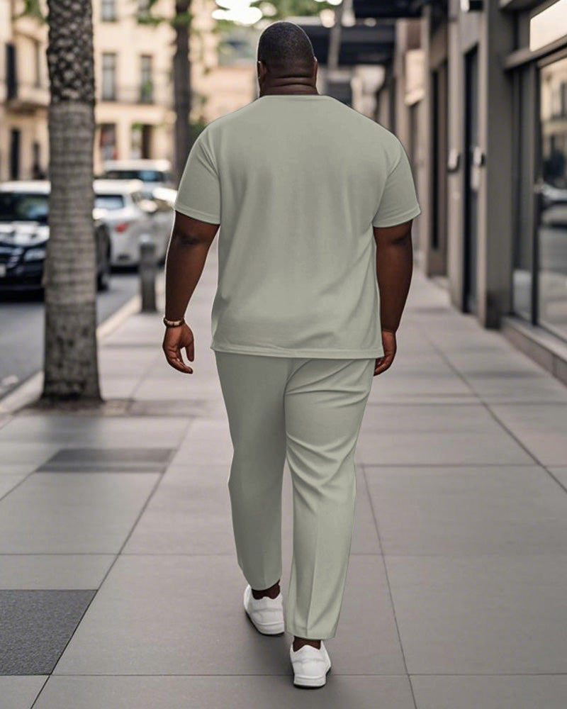 Men's Plus Size Green And White Colorblock Coconut Tree Print Henry Collar T-shirt Trousers Suit