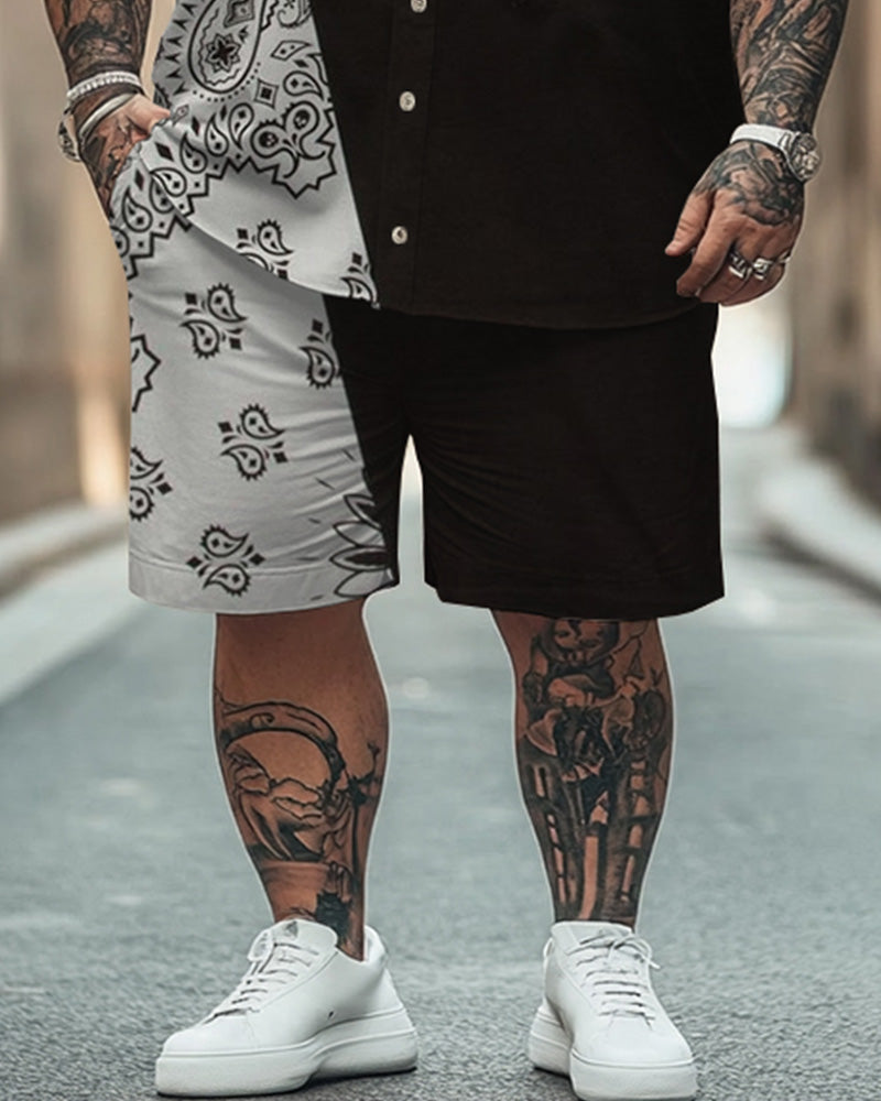 Men's Plus Size Street Fashion Paisley Colorblock Black And White Print Shirt Shorts Suit