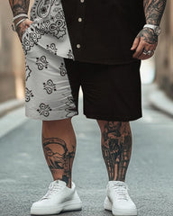 Men's Plus Size Street Fashion Paisley Colorblock Black And White Print Shirt Shorts Suit
