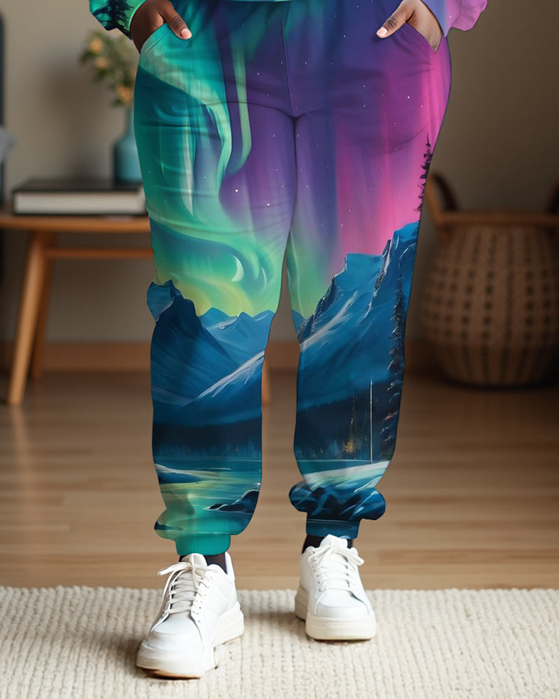 Women  Plus Size aurora borealis northern lights forecast Print Sweatshirt Pants Suit