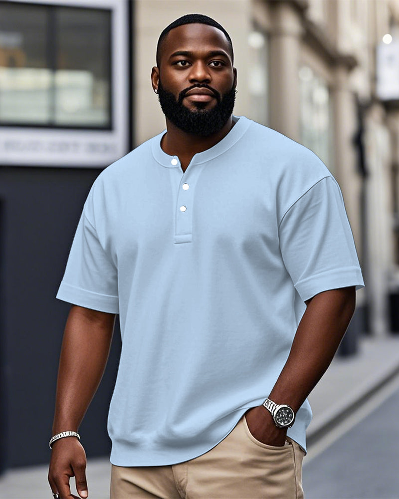 Men's Plus Size Casual Daily Solid Color Henry Collar Button Short Sleeve T-Shirt