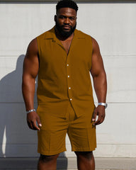 Men's Plus Size Sleeveless Vest Shirt Shorts Suit-Solid 10 Color Choice