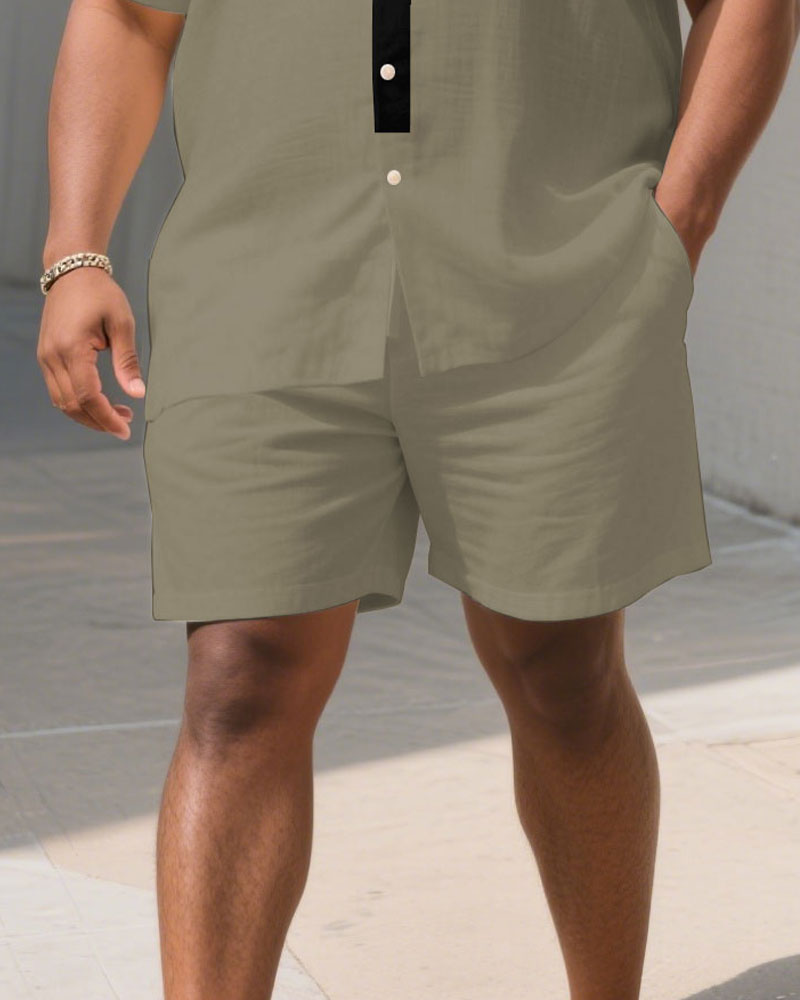 Men's Plus Size Khaki Placket Stitching Black Characteristic Short Sleeve Shirt Shorts Suit