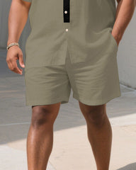 Men's Plus Size Khaki Placket Stitching Black Characteristic Short Sleeve Shirt Shorts Suit
