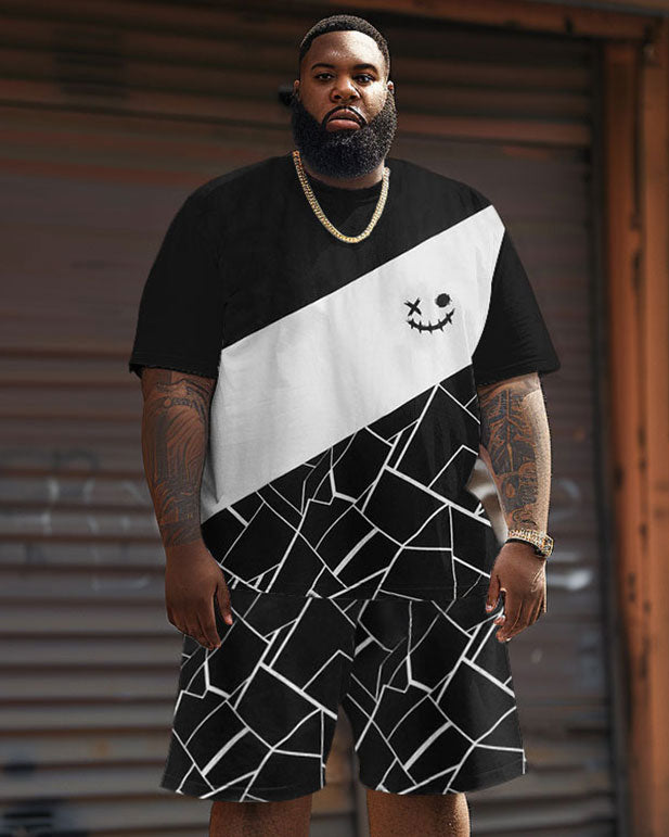 Casual Colorblock Geometric Print Large Size Men's T-shirt Shorts Set