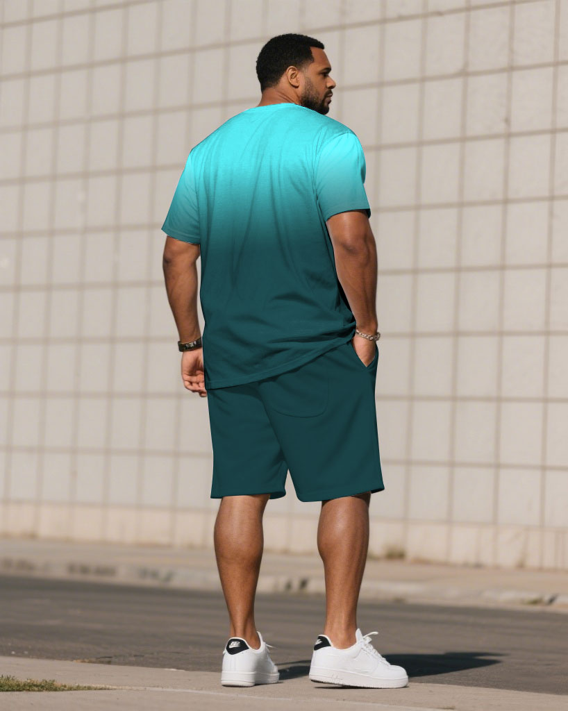 Big & Tall Men Dark Green & Fluorescent Blue Gradient Contrast Crewneck Short Sleeve T-shirt Shorts Suit