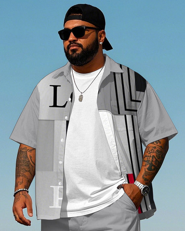 Big Men's Street Fashion Letter & Geometirc Pattern Printed Short Sleeve Shirt and Shorts Set
