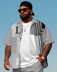 Big Men's Street Fashion Letter & Geometirc Pattern Printed Short Sleeve Shirt and Shorts Set