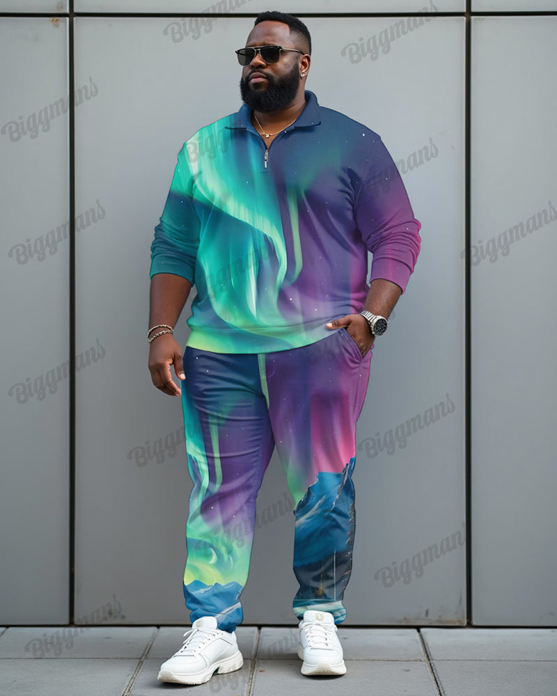 Men's Plus Size Aurora Borealis Long Sleeve Polo Shirt and Pants Set