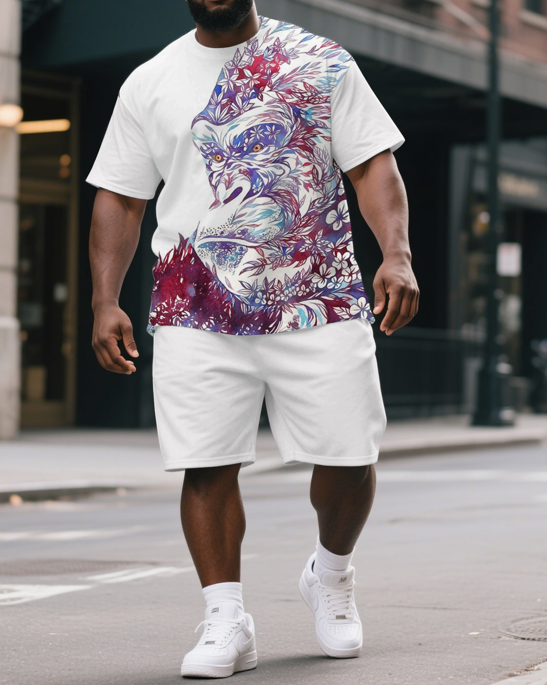 Men's Artistic Abstract Gorillas Print Summer Casual Big & Tall Short-Sleeve T-shirt & Short Set