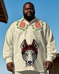Big Men's Western Cowboy Style Horse & Retro Totem Printed Long Sleeve Shirt Trousers Set