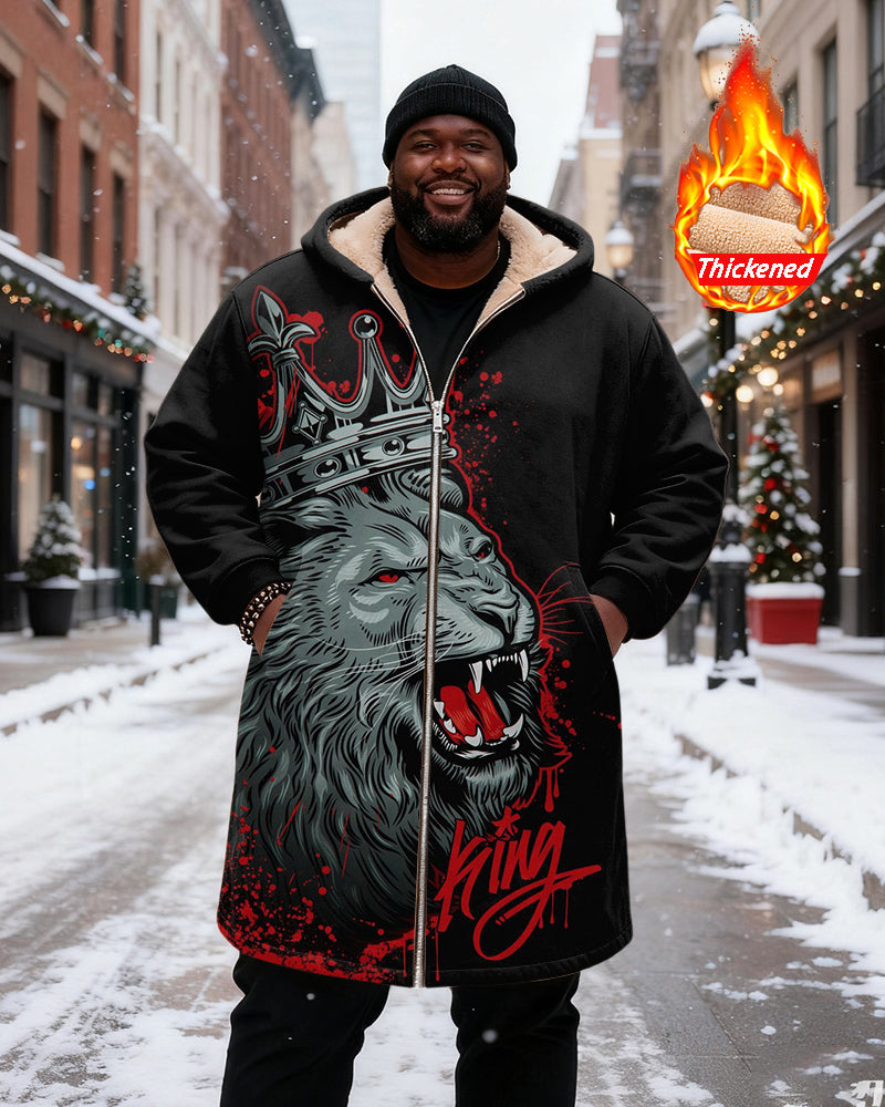 Big & Tall Men's Black And Red Crown Lion "KING" Printed Velvet Thickened Long Hooded Coat